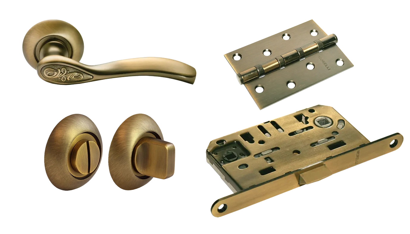Комплект дверных ручек MH-36 COF + завертка сантехническая MH-WC COF + защёлка бесшумная 1895P AB + петли врезные универсальные MSN 100X70X2.5-4BB COF (2шт)