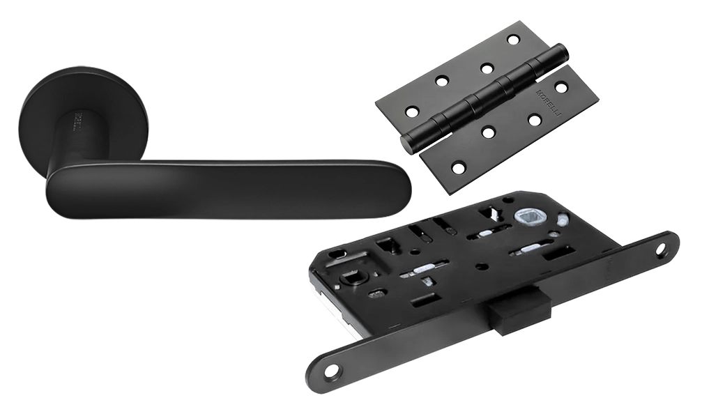 Комплект дверных ручек MH-59-R6 BL + защёлка бесшумная M1895 BL + петли врезные универсальные MSN 100X70X2.5-4BB BL (2шт)