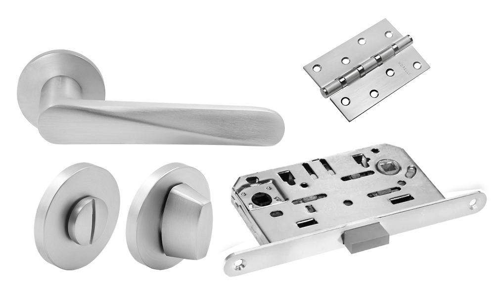 Комплект дверных ручек MH-58-R6 SC + сантехническая завертка MH-WC-R6 SC + защёлка бесшумная M1895 SC + петли врезные универсальные MSN 100X70X2.5-4BB SC (2шт)