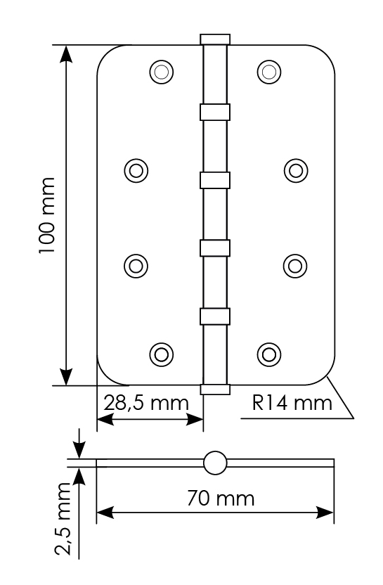 Петля стальная MSN-C 100X70X2.5-4BB SG скругленная универсальная с подшипником, вес полотна до 40 кг, цвет матовое золото фото купить в Перми