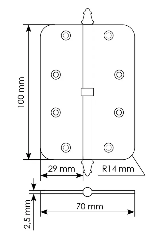 Петля разъемная MS-C 100X70X2.5 SG L левая с коронкой скругленная, врезная, цвет мат.золото, сталь фото купить в Перми